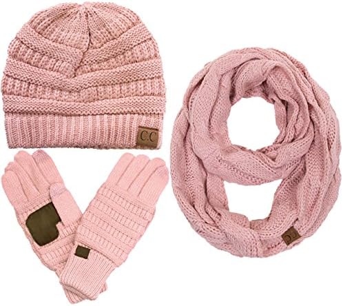 3pc Set Trendy Warm Chunky Soft Stretch Cable Knit Beanie Scarves Gloves Set