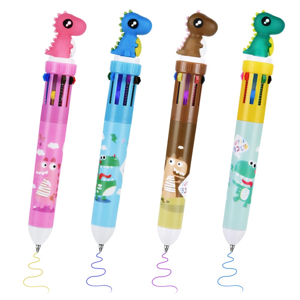 OFFCUP Multicolor Ballpoint Pen, 4pcs 10-in-1 Retractable Ballpoint Pens, 10colours Roller Ball Multicolor Pens for Office School Supplies Students Children Kids Gifts (Dinosaur)