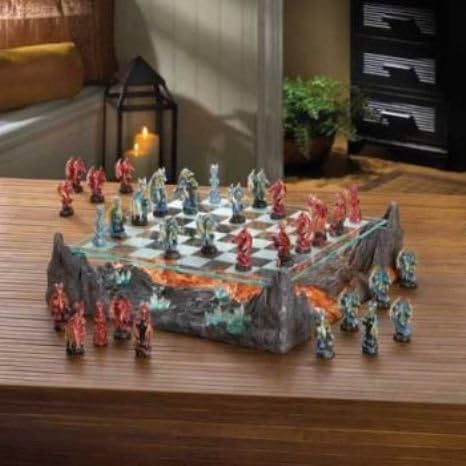 Decorative Displayable Mythical Fire &amp; Ice Crystal Dragons Chess Board Game Set