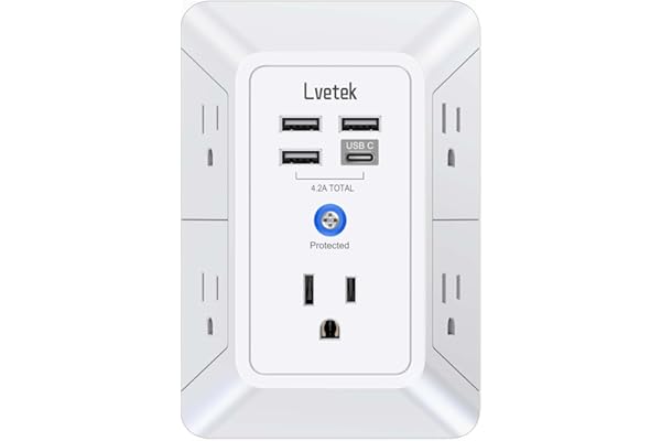 5-Outlet Surge Protector Wall Charger with 4 USB Ports - 1680J Multi Plug for Home, Office, Travel