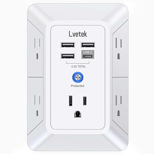 5 Outlet Extender Multi Plug Wall Outlets with 4 USB Charging Ports (1 USB C Outlet), 3 Sided 1680J Surge Protector Power Strip USB Wall Charger for Home, Office, Travel, ETL Listed, White