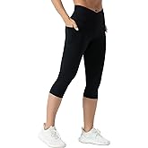 THE GYM PEOPLE Women's V Cross Waist Workout Capris Leggings Tummy Control Running Yoga Pants with Pockets