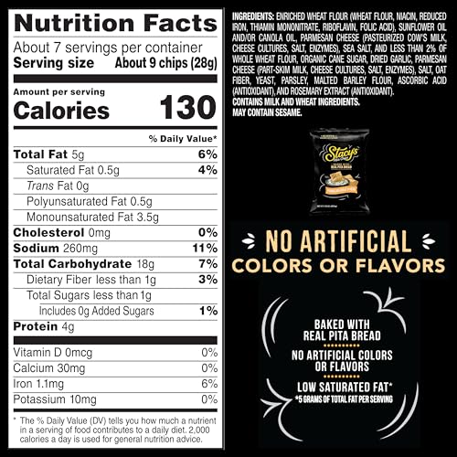 STACY’S PITA CHIPS, PARMESAN GARLIC & HERB, NO ARTIFICIAL COLORS OR FLAVORS, 7.33 OZ BAG