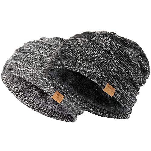 Vgogfly Slouchy Beanie for Men Winter Hats for Guys Cool Beanies Mens Lined Knit Warm Thick Skully Stocking Binie Hat (Dark Grey/Black 2pcs)