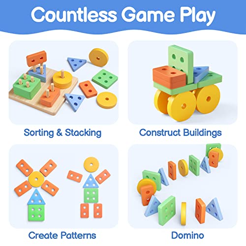 Montessori Toys for 1 2 Year Old, 7" Large Wooden Sorting and Stacking