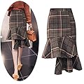 Autumn Winter Plaid Skirts Women High Waist Asymmetrical Ruffles Wool Skirt