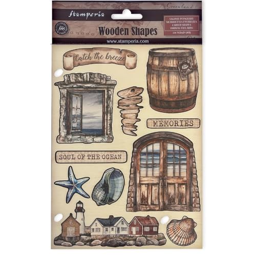 Stamperia - Coloured Wooden Shapes for Scrapbooking, Albums, Cards, and Bullet Journals, Laser Cut, Printed for Enhanced Detail, Perfect for Crafts and Gifting (Silent Sea, Soul of the Ocean) (A5)