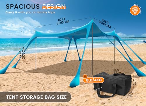 Tenda da Spiaggia Portatile Tents, Grande Tenda Mare Spiaggia UPF50+ Tenda Della Spiaggia di con 4 Pali, Pala, Picchetti e Borsa per il Trasporto per Campeggio, Pesca, 3x 3x 2M (sky blue)