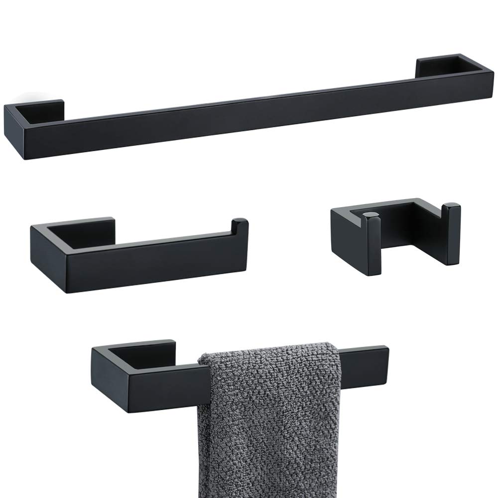 TNOMS 4 Pieces Bathroom Hardware Accessories Set Towel Bar Towel Holder Robe Hook Toilet Paper Holder Stainless Steel,Q8-P4BK