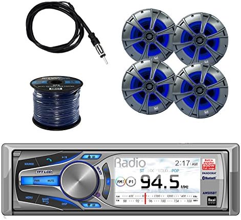 Dual Mechless AM/FM, MP3 Bluetooth Receiver iPod/iPhone Control with Dual 2-Way Marine Speaker with Blue illumiNITE Accent Lighting 2-Pairs, Enrock Marine 50' 16G Speaker Wire &amp; Enrock Marine Antenna