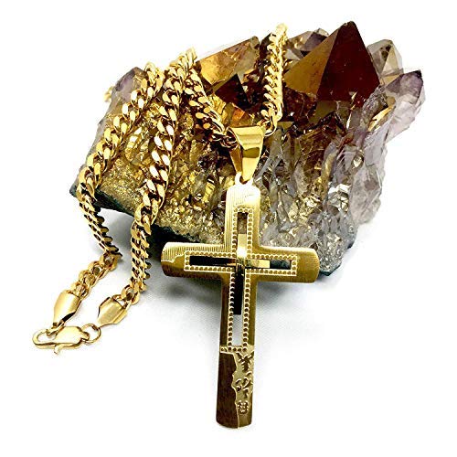 Lifetime Bling 18K Gold Figaro Chain Style Cross Pendant Necklace 4MM Cross Necklace Clasp for MEN, HUSBAND Thin for Charms Miami Cuban Link Diamond Cut Religious Beveled Edge (20)