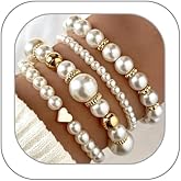 Hremhoo Pearl Bracelets for Women Simulated Pearl Beaded Bracelet White Pearls Stackable Stretch Bracelet Set Multilayered Elastic Pearls Bracelets for Women Bridesmaid Bridal Jewelry