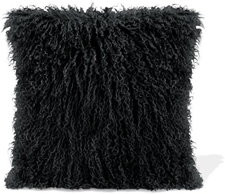 Luxurious 100% Tibetan Mongolian Lamb Fur Pillow, Long Curly Wool Sheepskin Cushion With Soft Micro-Suede Back With Zipper, Includes Cushion and Inner 15 x 15, Multiple Colors. (Black)