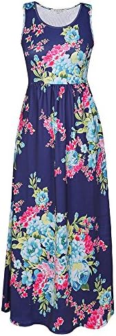 FSOOG Women's Floral Print Round Neck Sleeveless Long Maxi Casual Dress S BLUE