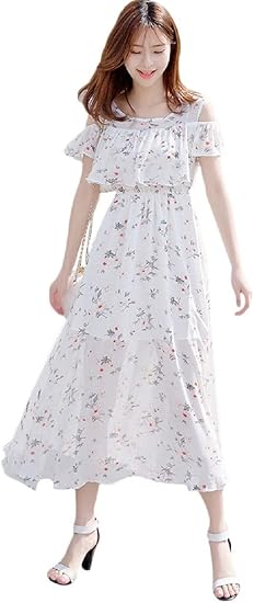 Amazon エムズ ミミ シフォン ロング 丈 肩だし ワンピース セクシー レディース 夏 オシャレ マキシ ワンピ ドレス シンプル パーティ サマー 夏用 セクシーどれす どれす せくしー フレア かわいい セクシードレス ルームウェア ミモレ カラー 白 白色 ホワイト