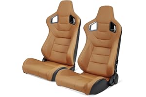 IKON MOTORSPORTS, Universal Racing Seats Pair with Dual Sliders, Brown with Stitch PU & Carbon Leather Reclinable Left Right