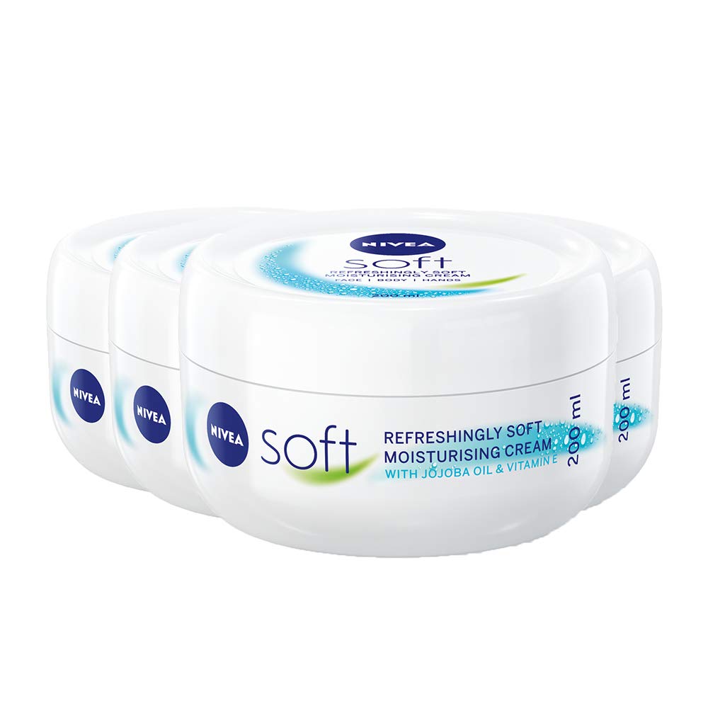 NIVEA Soft Pack of 4 (4 x 200ml), A Moisturising Cream for Face, Body and Hands with Vitamin E and Jojoba Oil, Intensive Everyday Moisturiser