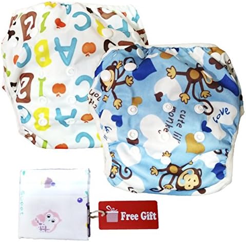 Swim Nappy Set: Pack of 2 Reusable Adjustable Swimming Diapers for 0 - 2yr Baby, Number + Monkey Designs