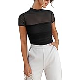 ANRABESS Womens Summer Sexy Mock Turtle Neck Short Sleeve Tops Sheer Mesh Shirts Slim Blouse Trendy Ruched Going Out Outfits