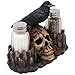 Bone Chilling Raven on Human Skull Salt and Pepper Shaker Set with Decorative Display Stand Figurine for Scary Halloween Decorations or Medieval & Gothic Kitchen Table Decor As Spooky Fantasy Gifts