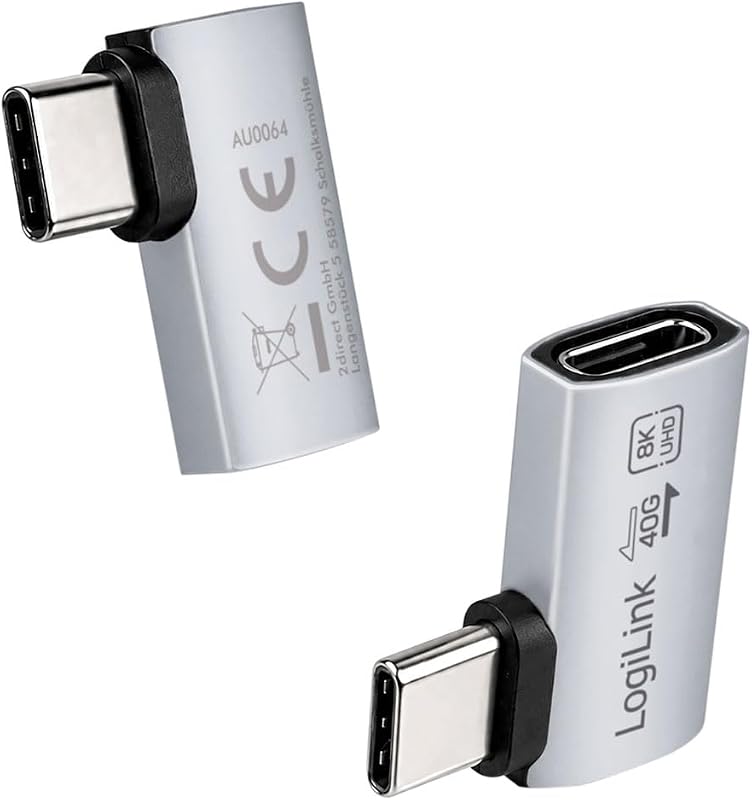 Adaptador USB 4 Tipo C 90° (Izquierda/Derecha), Transferencia de Datos de 40 Gbit/s! PowerDelivery 240 W, vídeo con 8 K/60 Hz, Macho-Hembra, Aluminio, Color: Plateado