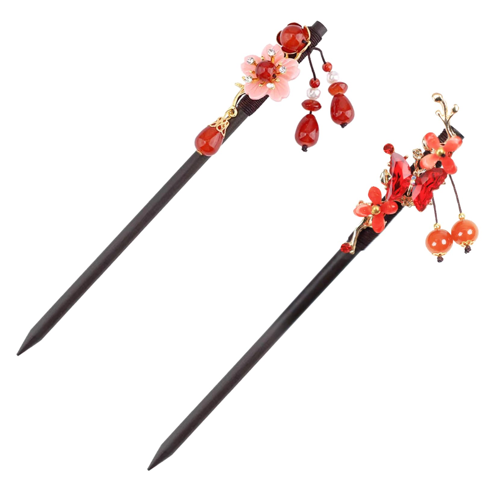 2 Pieces Red Wooden Chinese New Year Hairpins, Vintage & Flower Hair Chopsticks, Handmade Wooden Hair Sticks with Red Flower Tassel