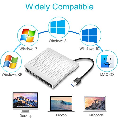 External CD DVD Drive,USB 3.0 Slim Portable CD/DVD Writer/Rewriter/Burner,High Speed Data Transfer USB Optical Drives Player Compatible with Laptop Desktop PC Windows Linux Mac OS (White) - Thumbnail 2