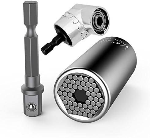 105 Degree Right Angle Extension Power Screwdriver Drill Attachment 1/4" Drive 6mm Hex Magnetic Bit + Multi-function 7mm-19mm Ratchet Universal Gator Sockets Metric Wrench Power Drill Adapter Set