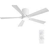 ELEHINSER 52 Inch Flush Mount Ceiling Fan with Lights, Low Profile Modern Ceiling Fan with Remote, Quiet DC Motor, 6-Speed, 3CCT,Timer, 5 Solid Wood Blades, White