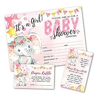 Deluxe Pink Elephant Baby Shower Invitations, Jungle, Tropical Safari Animals, Its A Girl Party Invites, Includes- 20 Each Large Double Sided 5 x 7 Invites, Raffle Tickets, and Book Request Inserts