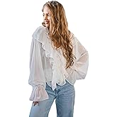Women's V-Neck Pleated Front Long Sleeved Shirt with Ruffle Collar, exuding a Stylish Flying Sleeve top