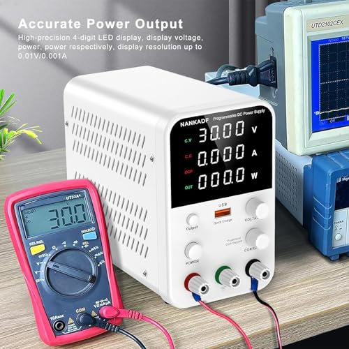 Bench adjustable power supply (30V/10A), DC switching power supply, encoder regulated laboratory power supply with USB fast charging interface.