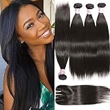 Beauty Forever Hair Brazilian Virgin Straight Hair Weave 3 Bundles with 1 Piece 3 Part Lace Closure 100% Unprocessed Human Hair Extensions Natural Color (10 12 14+ 10closure)