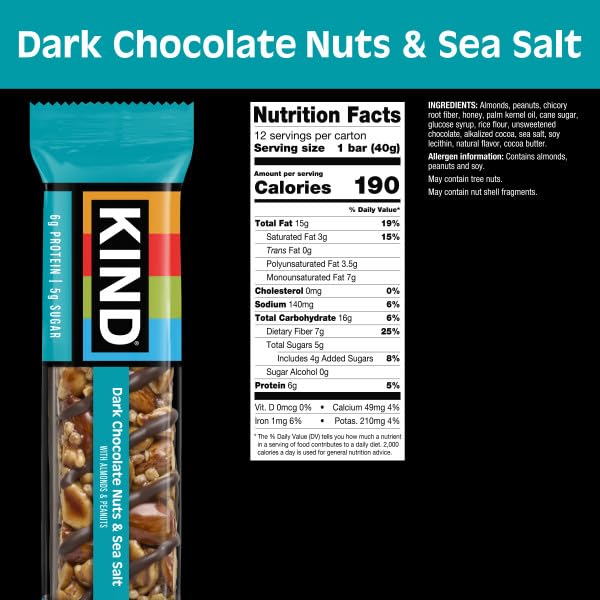 KIND HEALTHY SNACKS BARS, DARK CHOCOLATE NUTS & SEA SALT, GLUTEN FREE, LOW SUGAR, HIGH FIBER SNACKS, 6G PROTEIN, 36 COUNT