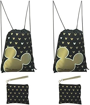 Disney Mickey Mouse Glow in the Dark Drawstring Backpack Pack of 4 (Gold) Includes 2 Drawstrings and 2 Wristlets