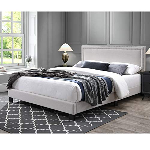 Dg Casa Ocean Upholstered Platform Bed Frame With Nailhead Trim Headboard And Full Wooden Slats Queen Size In Beige Fabric