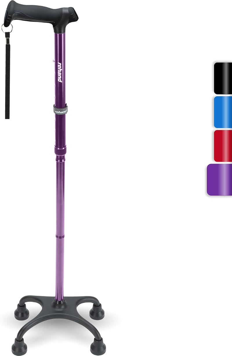 rehand Quad Cane Adjustable 8-Height Ergonomic Quad Base Purple Walking Cane
