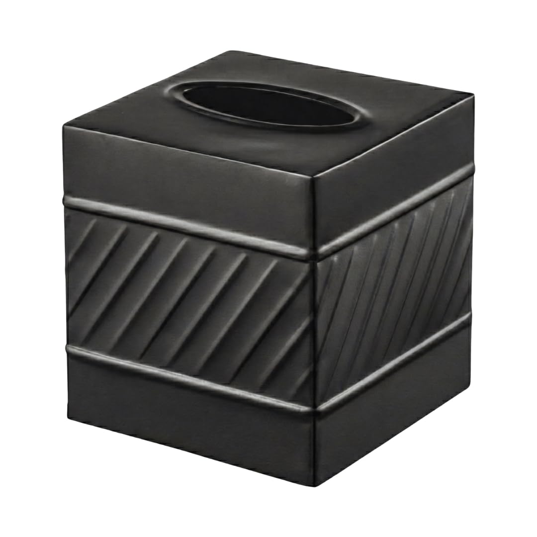 Monarch Abode Handcrafted Wave Embossed Tissue Box Cover Square, Black Tissue Holder for Bathroom, Square Metal Dresser Accessories, Decorative Tissue Box Holder, Matte Black Handcrafted Tissue Cover