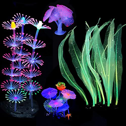 Podazz Glowing Fish Tank Decorations, 4 pcs Glow Aquarium Plants Artificial Coral Ornament Lotus Green Kelp and Anemone Glowing in Dark Decortation Set for Aquarium