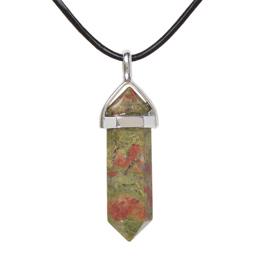 Natural Unakite Gemstone Hexagonal Pointed Reiki Chakra Pendant Genuine Leather Necklace 18" — image 1