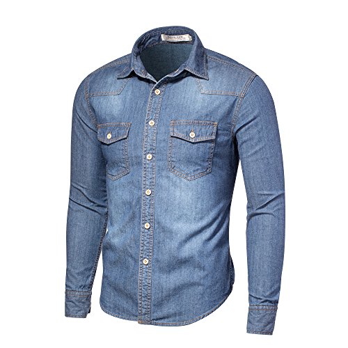DAVID.ANN Men s Long Sleeve Button-Down Vintage Denim Shirt,Denim Blue,Medium/Chest: 41.7"