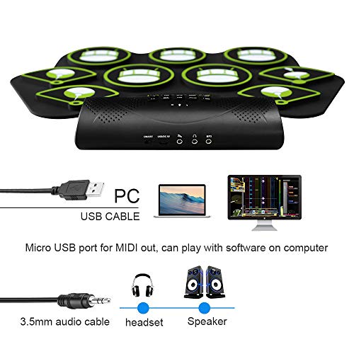 Electronic Drum Set - 9 MIDI Drum Practice Pads, Portable Roll Up Electric Drum kit with Headphone Jack, Built in Speaker and Battery, Drum Stick, Foot Pedals for Kids or Beginner