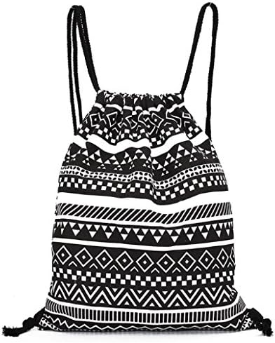Drawstring Geometric Backpack Bag, Ruhiku Retro Canvas Printing Cinch Sack Unisex Sport Travel Outdoor Gymbag Large Home Travel Storage Use Backpack For Shopping Sport Yoga (Black)