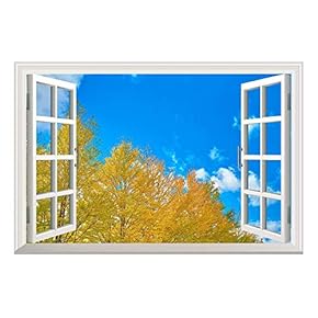 Yellow Pine Tree Clear Sky Open Window Mural Wall Sticker - 24"x32"