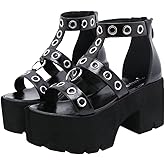 Agodor Women's Goth Platform Sandals Ankle Strap Chunky High Heels Open Toe Slingback Roman Gladiator Shoes US9.5 black style1