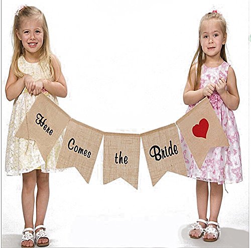 Ellen Tool Here Comes the Bride Sign Burlap Linen Wedding Bunting Banner