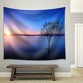 Silhouette of Tree in Ohrid Lake, Macedonia at Sunset - Fabric Wall Tapestry Home Decor - 51x60 inches