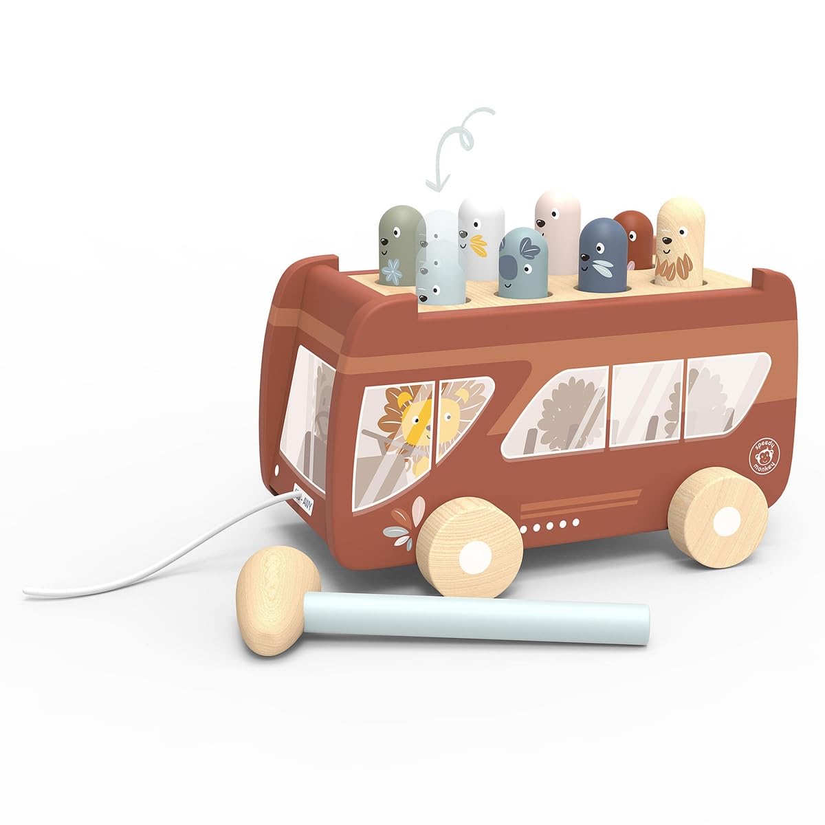 SPEEDY MONKEY Pull-Along Bus Pounding Bench - Hammering Fun with 8 Wooden Characters - Toys for 2 Year Old Boy & 1 year old girl gifts - Toddler Toys for Hand-Eye Coordination - Safe Non-Toxic Paint — image 1