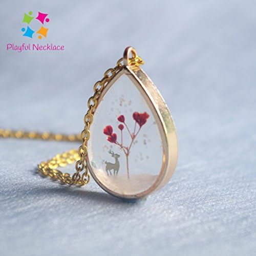 Dry Flower Necklace Round Pendant Gold Chain Necklace with deer. Dry Flower Jewelry. Pressed Flower. Dried Leaves. Dried Flower. Plum Flower Tree. Snow. Winter Jewelry