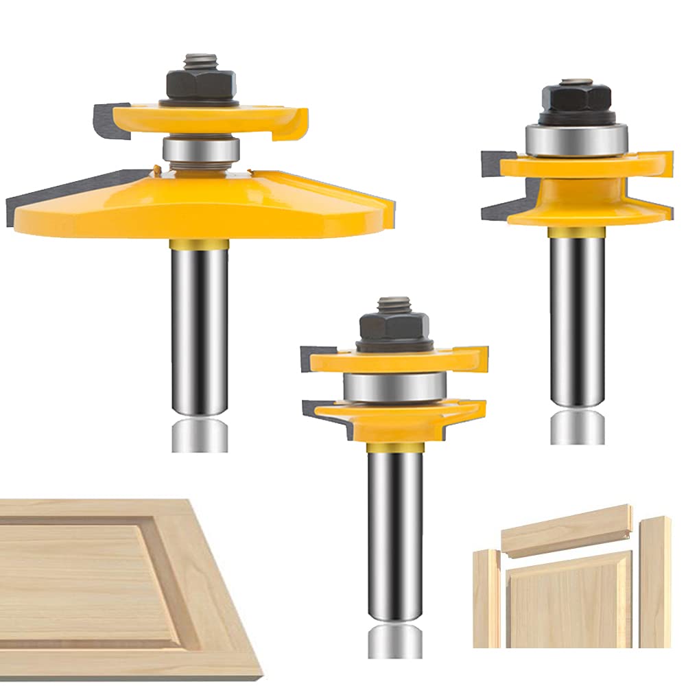 OLETBE 3 PCS Router Bit Set, 1/2-Inch Shank Round Over Raised Panel Cabinet Door Rail and Stile Router Bits, Woodworking Wood Cutter, Wood Carbide Groove Tongue Milling Tool (1/2, HXRD-2244)
